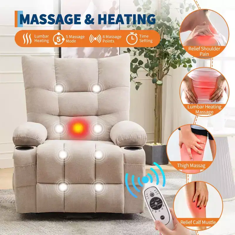 Power Lift Recliner Chair for Elderly - Electric Massage & Heat Recliner with 45 Assist Stand, Living Room Sofa, Swivel Rocker with Cup Holders
