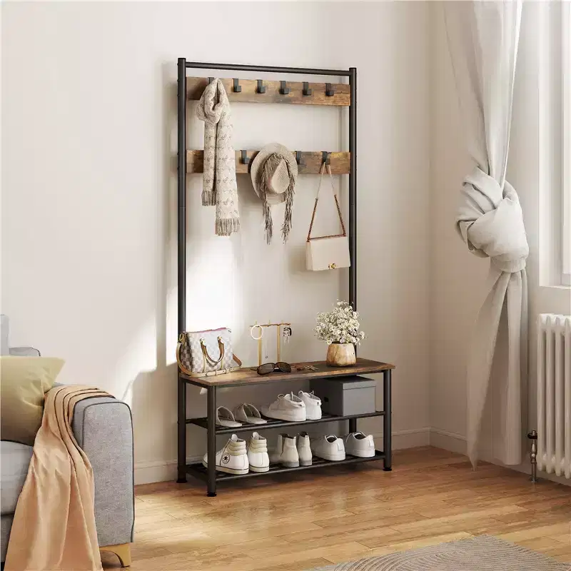 73 H Metal Hall Tree with Shoe Storage Bench and 11 Removable Hooks, Entryway Storage Bench