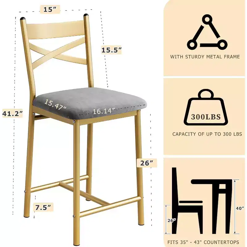 Bar Stools Counter Height Barstools with Footrest and Back, Modern Upholstered Bar Chairs, Metal Bar Stools for Kitchen Counter, Island, Counter Bar