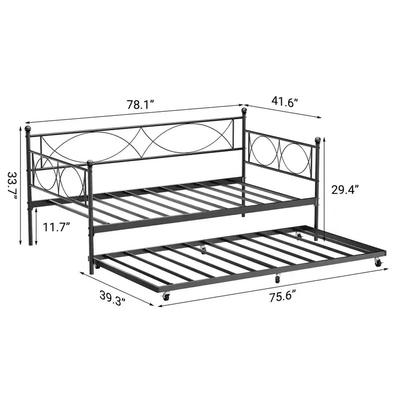 Twin Size Daybed, Metal Daybed Frame with Trundle, Heavy Duty Metal Slats, Mattress Foundation Platform Sofa Bed