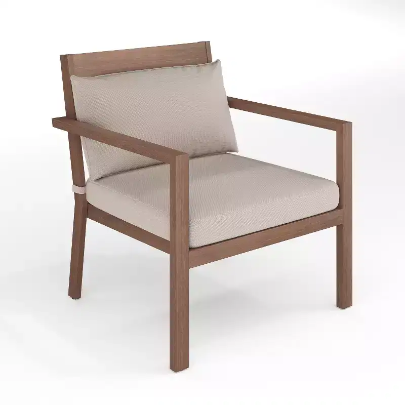 Martha Stewart Bedford Set of 2 Indoor-Outdoor Patio Accent Chairs with Brushed Woodgrain Aluminum Finish and All-Weather Seat and Lumbar Cushions