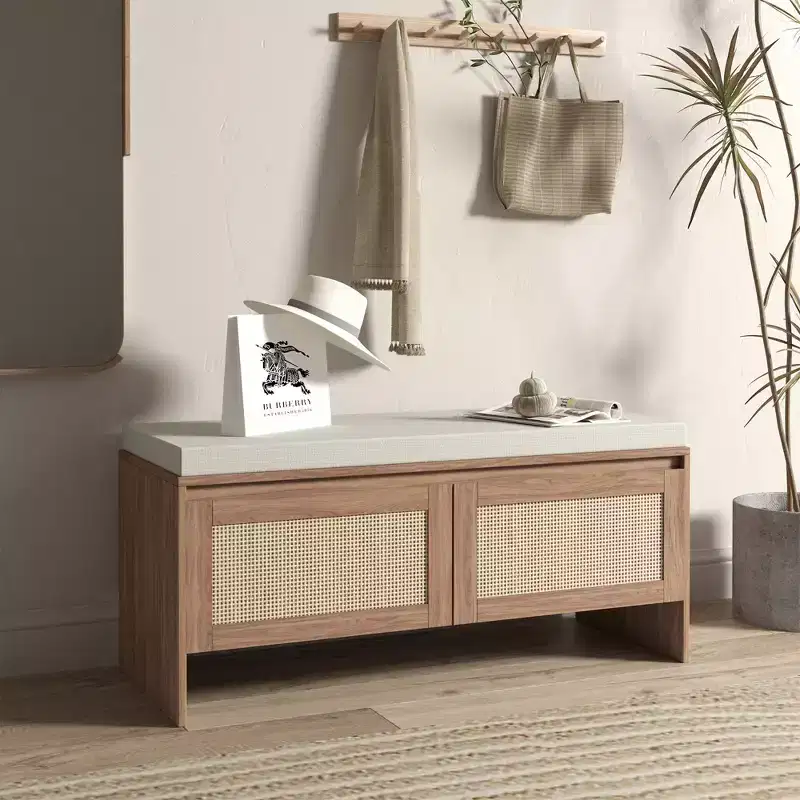 FurnitureR Rattan Shoe Storage Bench with Cushion, Compact Entryway Shoe Cabinet with Doors, Small Space Organizer, Hidden Shoe Rack with Seating
