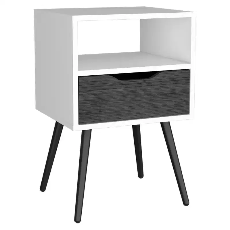 Modern Nightstand with Open Shelf and Single Drawer, Smokey Oak / White Finish