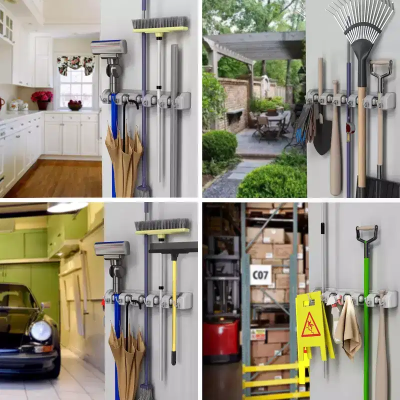 Wall Organizer with Adjustable Slots and Hooks - Wall-Mounted Tool and Broom Holder - Organization and Storage