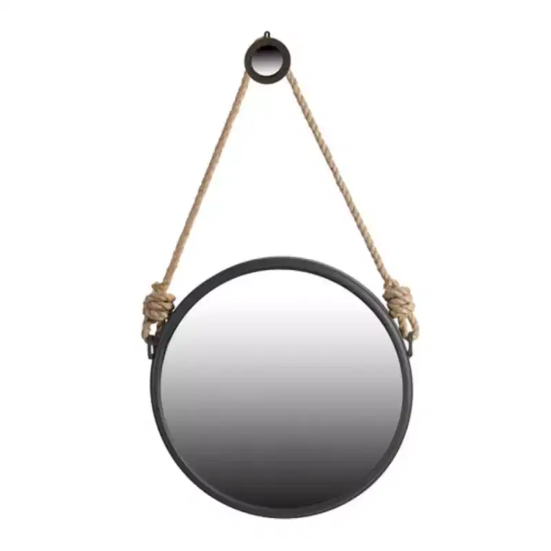 19.5 in Handsome Cleveland Mirror with Rope Strap Contemporary Design Circle Mirror with Grey Round Metal Frame for Wall Decor Bathroom, Entryway