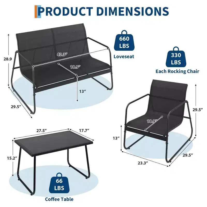COZONY 4-Piece Outdoor Patio Furniture Set with Loveseat, 2 Chairs & Glass Coffee Table, All-Weather Textilene Fabric Conversation Set