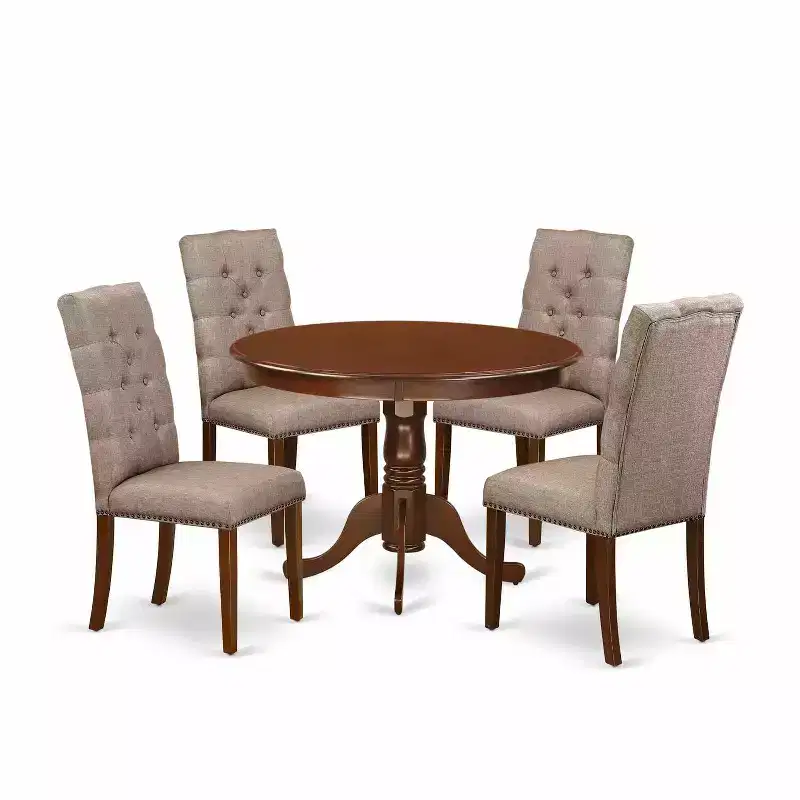 HomeStock 5-Piece Round Mahogany Finish Solid Wood Top Dining Table with 4 Parson Chair