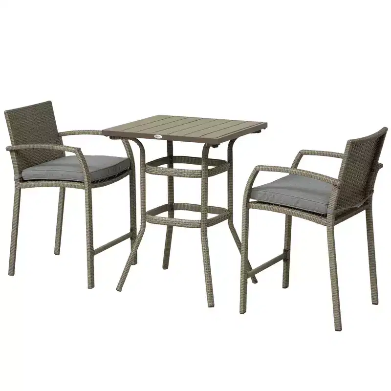 Outsunny 3 PCS Rattan Wicker Bar Set with Wood Grain Top Table and 2 Bar Stools for Outdoor, Patio, Poolside, Garden