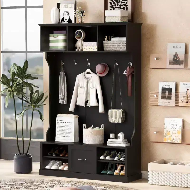 Okak Modern Hall Tree with 6 Hooks, Coat Rack with Bench and Spacious Drawer, Entryway Storage for Entrance, Living Room, Black