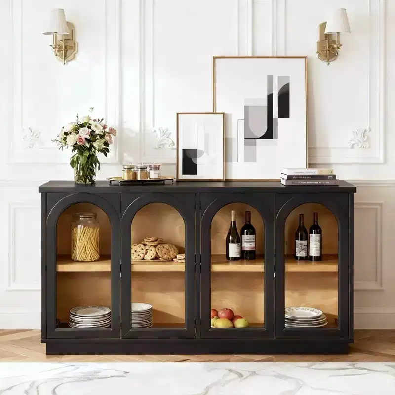 Hostack 4-Door Sideboard Cabinet with Glass Doors, Large Storage and Adjustable Shelves for Kitchen and Dining Room, Black