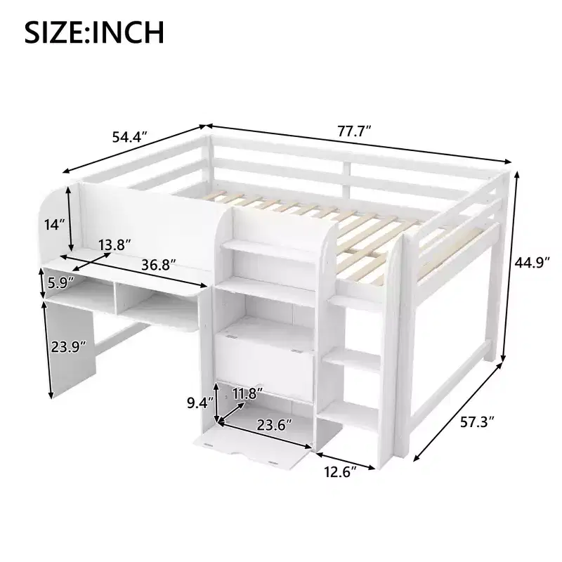 Pink/White Low Loft Bed with Desk, Storage & Whiteboard – Twin, 1-Person