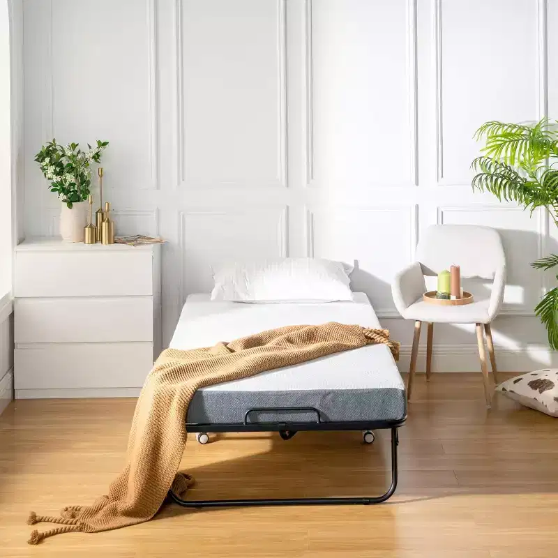 FurnitureR Folding Bed with 5-Inch Memory Foam Mattress  75x30 Narrow Twin Rollaway Bed Frame with Wheels, Fold Up, Sturdy Metal Construction