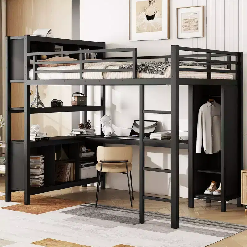 Okak Full/Queen Size Loft Bed with Wardrobe & L-Shaped Desk,Heavy Duty Metal Bunk Beds with Storage,High Loft Beds for Teens & Adults