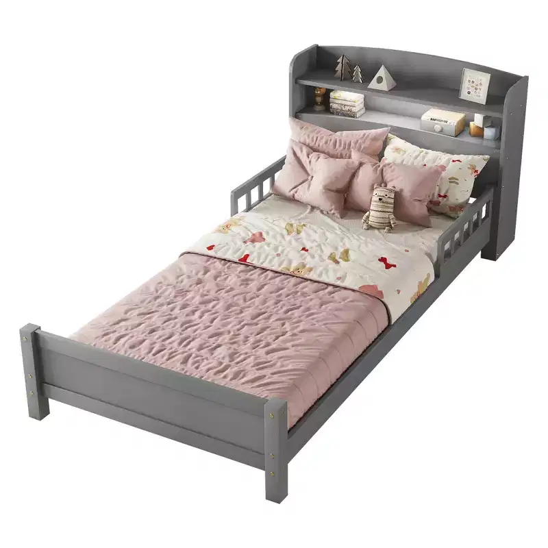 Twin Pine Wood Bed with Bookcase Headboard and Safety Guardrails, Gray