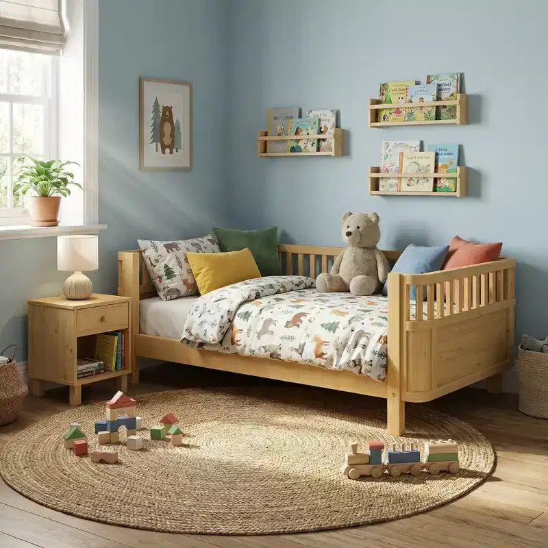 Full Size Wood Platform Bed for Kids, Low Profile Natural Wooden Bed with Safety Rails for Boys & Girls