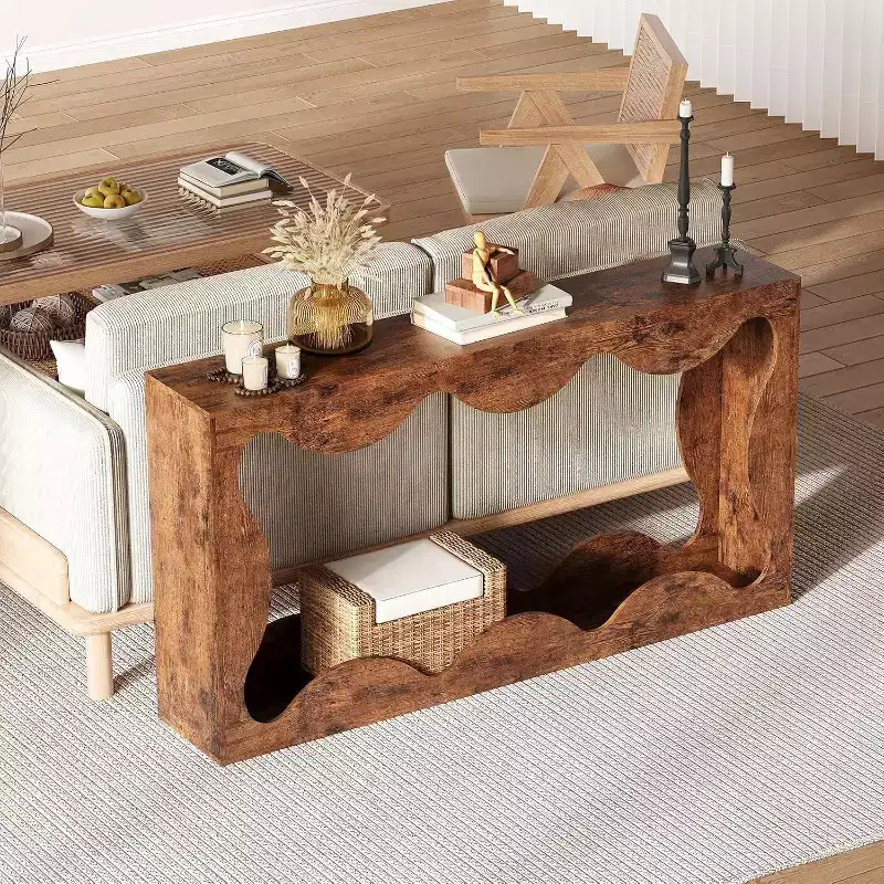 Acekool Farmhouse Console Table, Natural Slim Scalloped Sofa Table with Storage Shelf for Entryway or Living Room