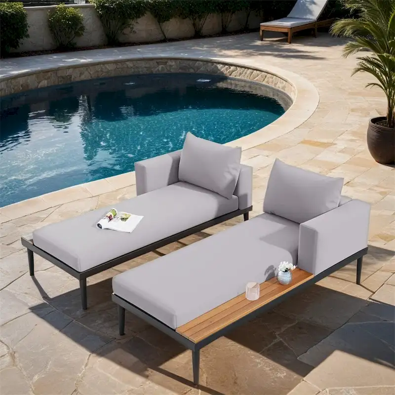 2 in 1 Modern Outdoor Metal Daybed with Wood Topped and Side Spaces
