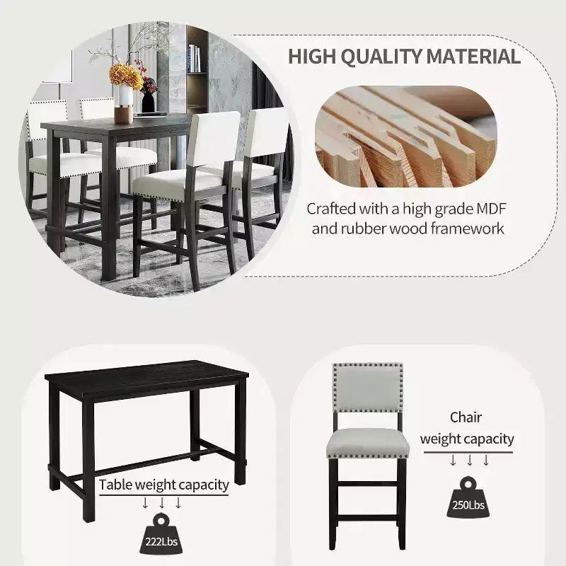 5-Piece Counter Height Dining Table Set Dining Set with Classic Dining Table and 4 Cushioned Dining Chairs, Natural Wood Wash/Espresso-ModernLuxe
