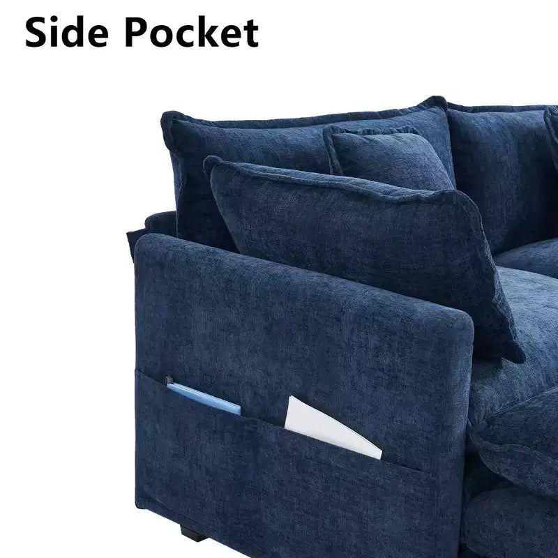 Chenille 3-Seat Sectional Sofa  Modular Deep Seat Sleeper Couch with Ottoman & Side Pocket