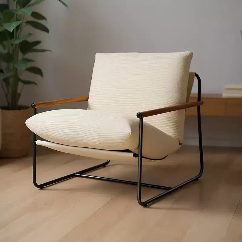 Modern Corduroy Upholstered Accent Chair with Metal Frame and Wood Armrests Beige