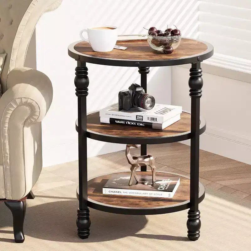 Acekool 3-Tier Round Side Table, Farmhouse End Table with Metal Legs for Bedroom & Living Room - Rustic Brown