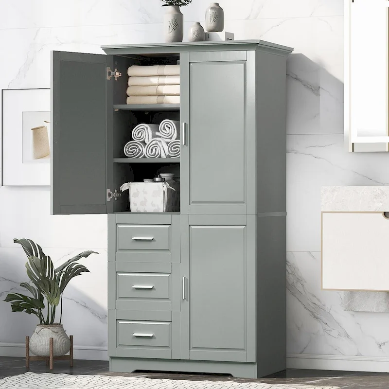 Tall and Wide Storage Cabinet with Doors for Bathroom/Office, Three Drawers, Grey
