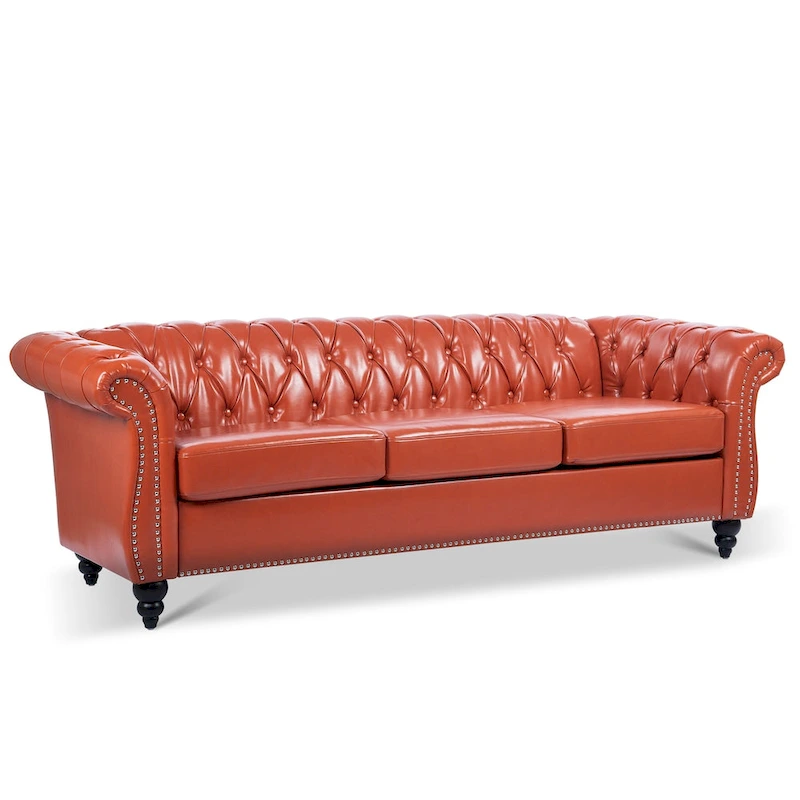Classically Elegant 84.65 Three-Seater Rolled Arm Chesterfield Sofa in PU Leather - Sturdy Birch Legs, Soft Upholstery