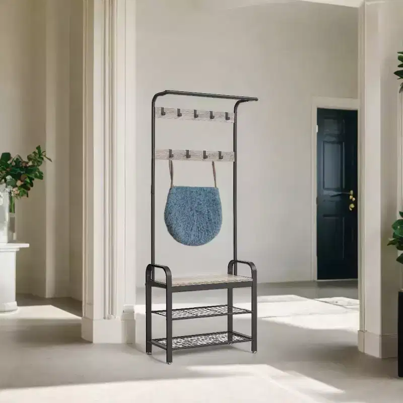 Coat Rack with Shoe Storage for Entryway, 9 Sturdy Hooks, Hall Tree Shoe Bench for Small Spaces, Apartments