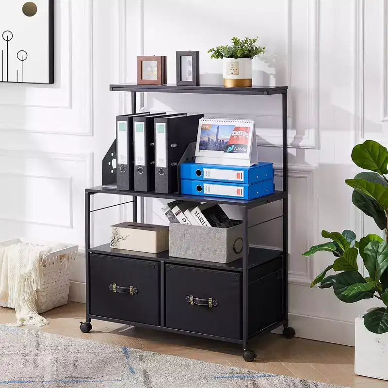 VECELO 2-Drawer Lateral File Cabinet, Rolling Printer Stand with 3 Open Storage Shelf, Fits A4 or Letter Size, Black/Brown