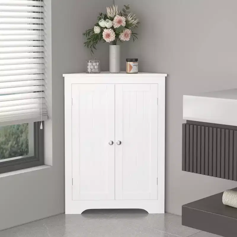 JVNOXK Compact freestanding corner cabinet with two doors and adjustable shelves, standalone unit suitable for bathrooms and kitchens, white