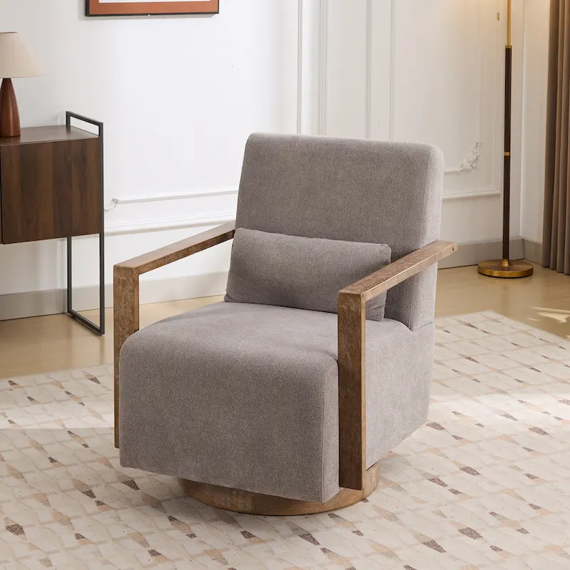 Mid-Century Boucle Upholstered Swivel Armchair With Pillow