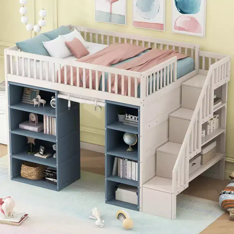 Full Size Loft Bed with 2 Four-layer Storage Cabinets, Curtain and Multi-Functional Storage Staircase, White+Blue-ModernLuxe