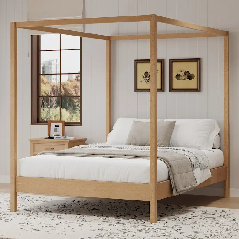 Wood Canopy Bed Frame with Slats Support, No Box Spring Needed