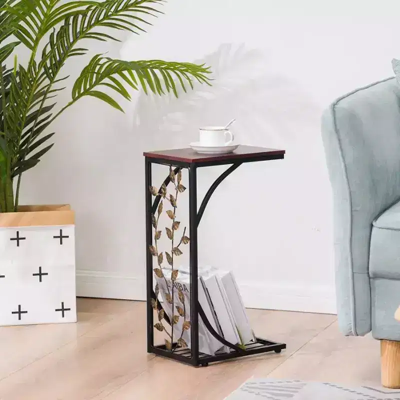 Single-layer P2 Density Board Type C Leaf Pattern Brown Desktop Black Powder Coating Side Table