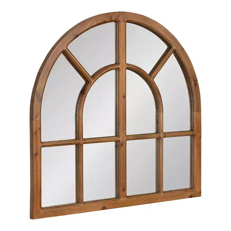 Wide Arch Windowpane Wall Mirror, Rustic Brown Solid Wood Frame, 30x28.5