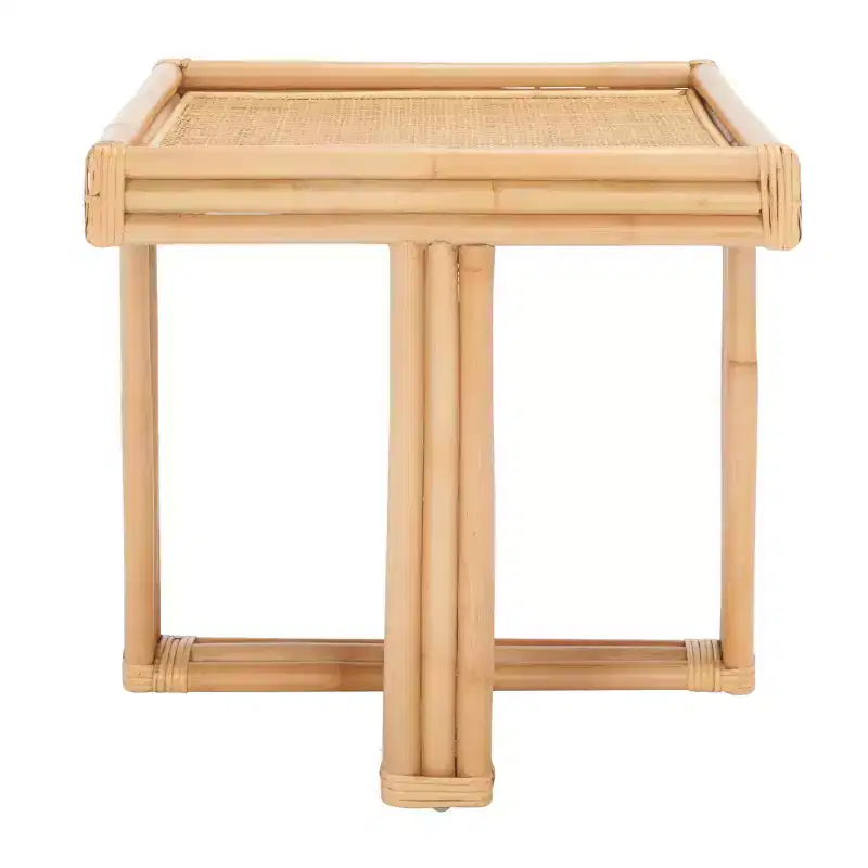 Square Rattan Accent Side Table, Natural Coastal Tray-Top End Table, No Assembly