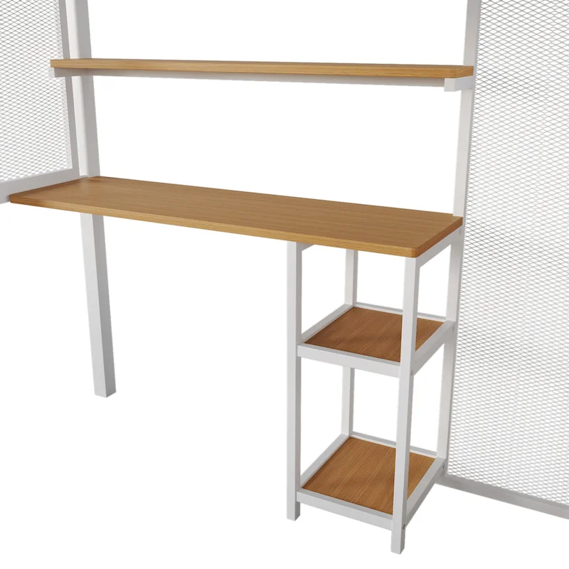 Full Size Metal Loft Bed with Wardrobe, Built-in Desk, Storage Shelves & Staircase, White, 400 lbs