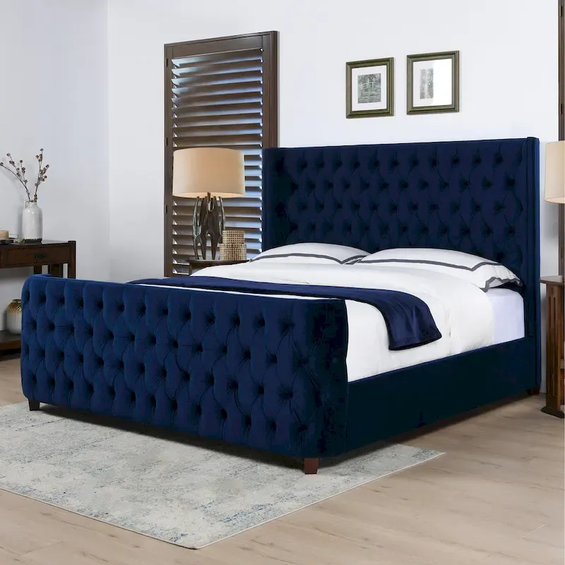 Velvet Upholstered Tufted Sheltered Panel Bed Set