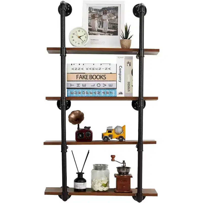 4 Tier Industrial Pipe Wall Mounted Shelving, 30 Rustic Floating Shelf Unit, Real Wood, Kitchen Bar, Book & Wine Display Rack