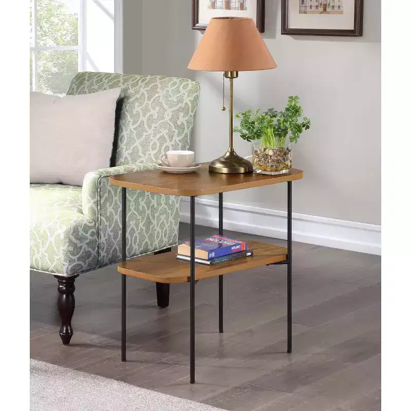 HomeStock Belmont Chairside End Table with Shelf Retro Glam Accent Furniture Hairpin Metal Legs Two-Tier MDF Shelves Birch Veneer Finish