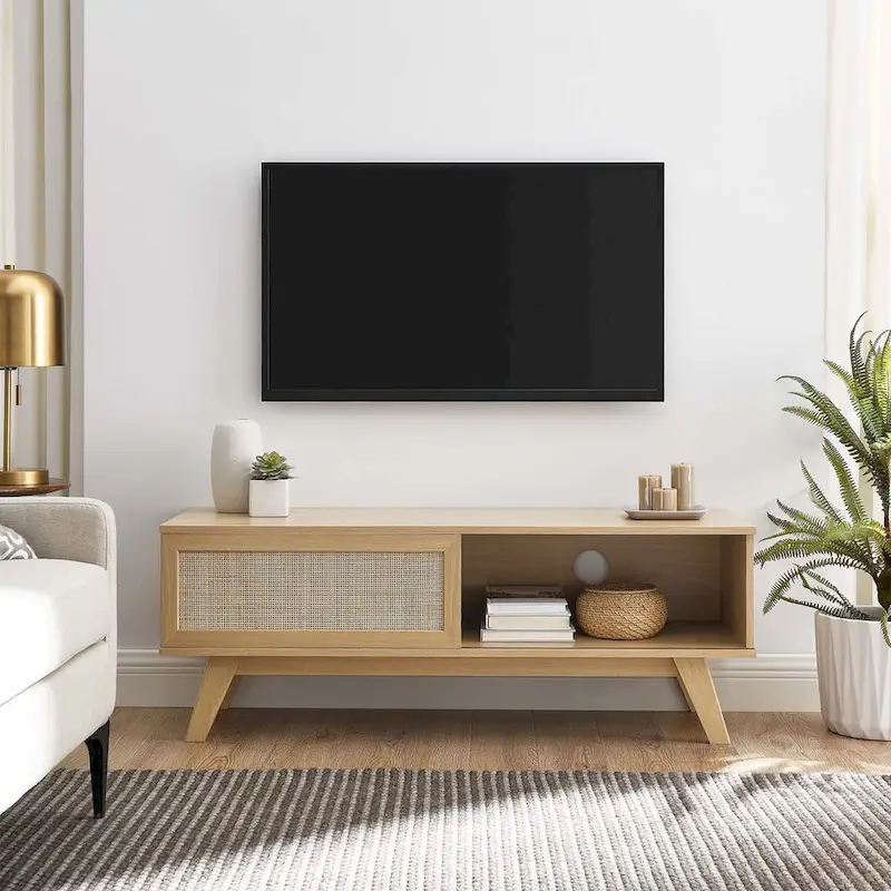 Oak / Walnut MDF TV Stand with Rattan Sliding Door and Cable Management for 1 Person