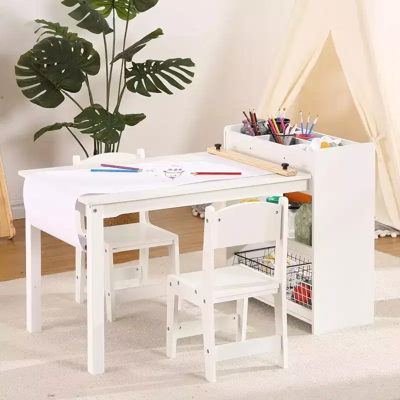 Kids Art Table with 2 Chairs Set, Wooden Toddler Craft Desk with Storage Shelves,Kids Craft Tables for Ages 2-10, Activity Drawing Table