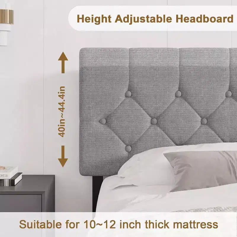 Linen Upholstered Platform Bed with Adjustable Headboard & USB Ports (Gray)