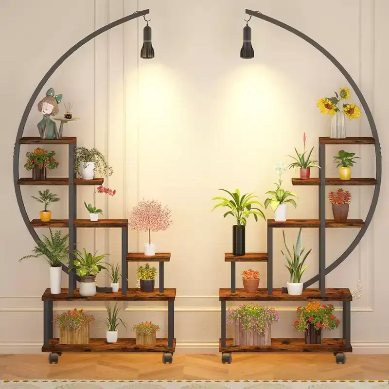 6-Tier Half-Moon Indoor Plant Shelf with Grow Lights & Wheels, Tall Metal Plant Stand for Bonsai, Flowers & Decor, Balcony & Living Room Organizer