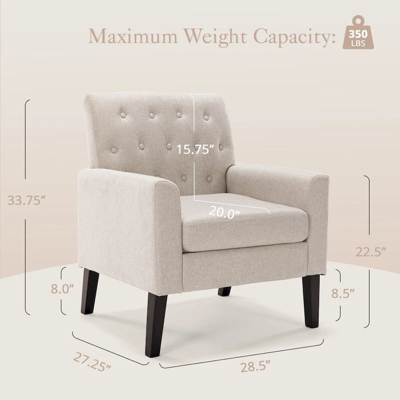 Linen Accent Chair Comfy Living Room Chair with Arms Upholstered Button Tufted Armchair Modern Arm Chairs Set Of 2