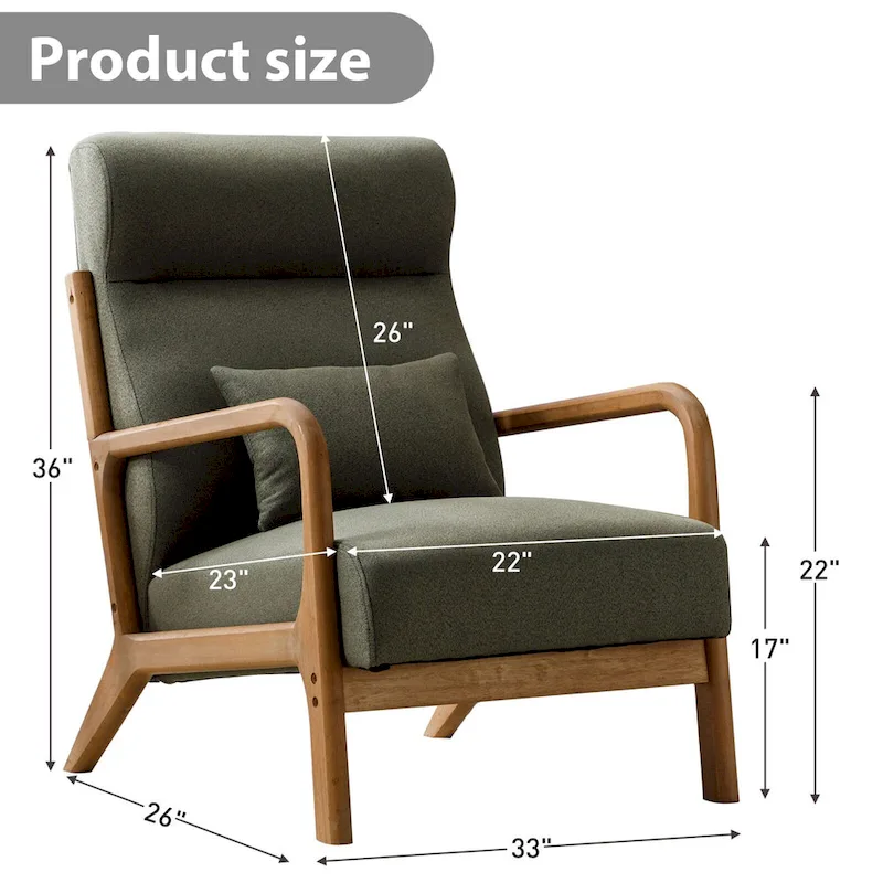 Upholstered Linen Blend Accent Chair with Wooden Legs and One Pillow