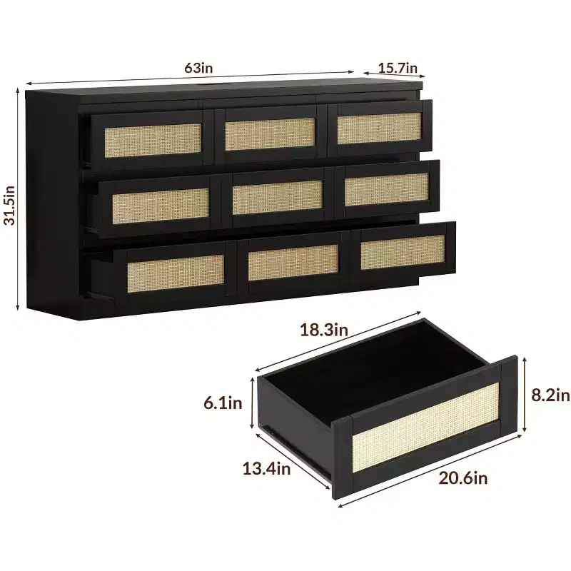 Dresser for Bedroom, Rattan 9 Drawer Dresser for Closet, Double Wood Dressers & Chest of Drawers