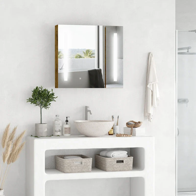 27.5x25.5 Inch LED Lighted Medicine Cabinet with Mirror, Wall Mounted Dimmable Bathroom Storage