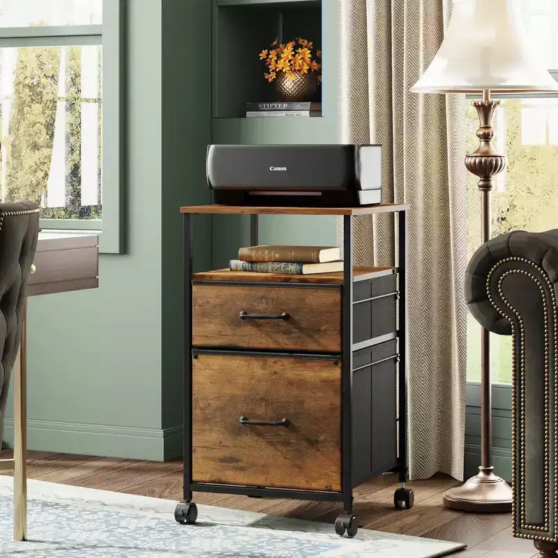 2-Drawer Mobile Filing Cabinet with Open Shelf & Rolling Printer Stand - Rustic Brown