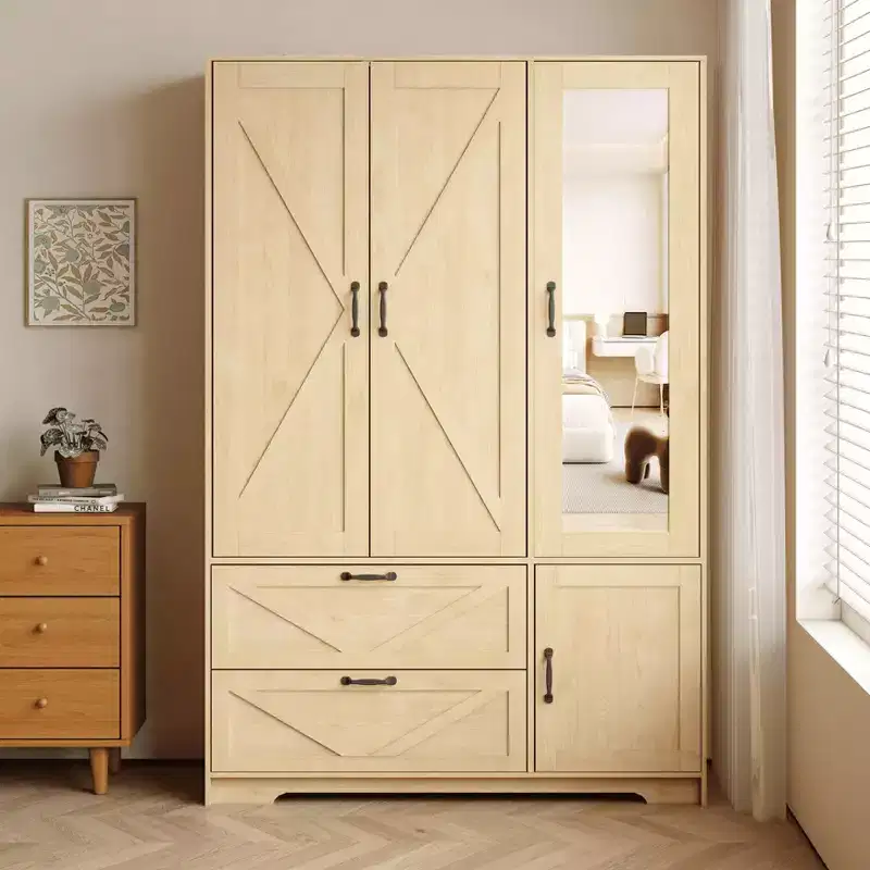 GDFStudio Prya Farmhouse Mirror Wardrobe Closet with LED Lights, Hanging Rod, 4 Doors and 2 Drawers